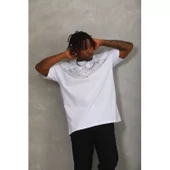 Unisex Oversize Taşlı Bisiklet Yaka T-Shirt - Beyaz - 5