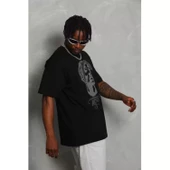 Unisex Oversize Taşlı Bisiklet Yaka T-Shirt - Siyah - 3