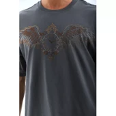 Unisex Oversize Taşlı Bisiklet Yaka T-Shirt - Füme - 2