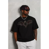 Unisex Oversize Taşlı Bisiklet Yaka T-Shirt - Siyah - 6