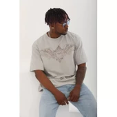 Unisex Oversize Taşlı Bisiklet Yaka T-Shirt - Gri - 7