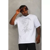 Unisex Oversize Taşlı Bisiklet Yaka T-Shirt - Beyaz - 8