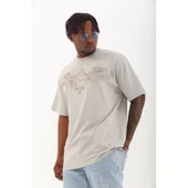 Unisex Oversize Taşlı Bisiklet Yaka T-Shirt - Gri - 1