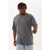 Unisex Oversize Taşlı Bisiklet Yaka T-Shirt - Füme - 2