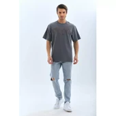 Unisex Oversize Taşlı Bisiklet Yaka T-Shirt - Füme - 8