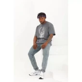 Unisex Oversize Taşlı Bisiklet Yaka T-Shirt - Füme - 4