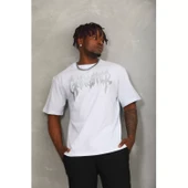 Unisex Oversize Taşlı Bisiklet Yaka T-Shirt - Beyaz - 6