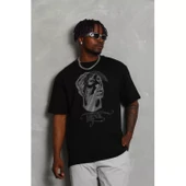 Unisex Oversize Taşlı Bisiklet Yaka T-Shirt - Siyah - 4