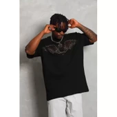 Unisex Oversize Taşlı Bisiklet Yaka T-Shirt - Siyah - 3