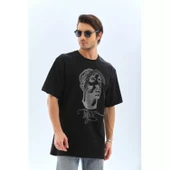 Unisex Oversize Taşlı Bisiklet Yaka T-Shirt - Siyah - 4