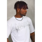 Unisex Oversize Taşlı Bisiklet Yaka T-Shirt - Beyaz - 1