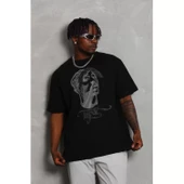 Unisex Oversize Taşlı Bisiklet Yaka T-Shirt - Siyah - 1