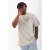 Unisex Oversize Taşlı Bisiklet Yaka T-Shirt - Gri - 2