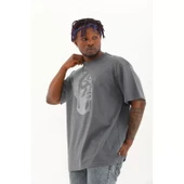 Unisex Oversize Taşlı Bisiklet Yaka T-Shirt - Füme - 2