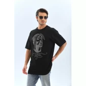 Unisex Oversize Taşlı Bisiklet Yaka T-Shirt - Siyah - 2