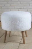 DEKOR MOBİLYACIM Yuvarlak Beyaz Peluş Puf Ahşap Ayak Kmpny102030 - 1