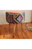 DEKOR MOBİLYACIM Retro Gürgen Ahşap Ayaklı Dekoratif Etnik Üst Kiremit Desenli Silindir Puf Bench - 3