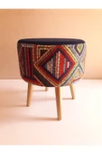 DEKOR MOBİLYACIM Gürgen Retro Ahşap Ayaklı Dekoratif Etnik Üst Lacivert Desenli Silindir Puf Bench Koltuk Sandalye - 1