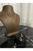 Kırmızı zirkon taşlı kolye küpe seti - 2