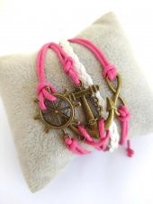 Çapa Sonsuzluk Dümen Ayarlanabilir İp Bileklik Pembe Beyaz thumbnail 1