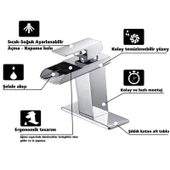 LAVABO BATARYASI KROM ŞELALE KARE GÖVDE EĞİMLİ HAVZA BANYO ARMATÜR ÇİFT GİRİŞ LÜKS ERGONAMİK - 3