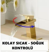 LAVABO BATARYASI MAT GOLD ŞELALE KARE GÖVDE EĞİMLİ HAVZA BANYO ARMATÜR ÇİFT GİRİŞ LÜKS ERGONAMİK - 3