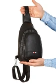 Siyah Unisex Suni Deri Usb Kulaklık Çıkışlı Çanta Bodybag Göğüs Ve Omuz Çantası - 7