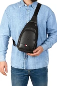 Siyah Unisex Suni Deri Usb Kulaklık Çıkışlı Çanta Bodybag Göğüs Ve Omuz Çantası - 1