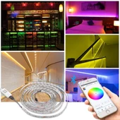 Rgb Şerit LED 5 Metre 5050 Smd/60LED Double Pcb tak çalıştır adaptörlü wifi bluetooth renkli kumanda dekoratif set esnek - 2