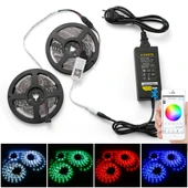 Rgb Şerit LED 5 Metre 5050 Smd/60LED Double Pcb tak çalıştır adaptörlü wifi bluetooth renkli kumanda dekoratif set esnek - 3