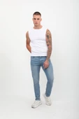 Erkek Skinny Fit Düşük Bel Dar Kesim Dar Paça Likralı Mavi Jean Pantolon - 2