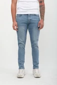Erkek Skinny Fit Düşük Bel Dar Kesim Dar Paça Likralı Mavi Jean Pantolon - 5