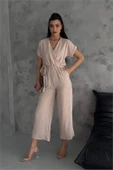 Dipmoda kadın bej bağlama detaylı ayrobin tulum DPNBTG7035 - 1