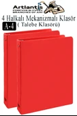 Kırmızı 4 Halkalı Klasör 2 Adet A4 PVC Öğrenci ve Ofis Tipi Evrak Sunum Klasörü İç Cepli Otomatik Mekanizmalı Büro Okul - 1