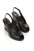 Feta Siyah Hakiki Deri Sandalet Dolgu Topuklu Ayakkabı - 4