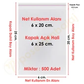 6x20+5 cm.(6x25) 500 Adet Şeffaf Bantlı Yapışkanlı OPP Poşet - 1