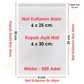 6x25+5 cm.(6x30) 500 Adet Şeffaf Bantlı Yapışkanlı OPP Poşet - 1