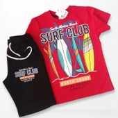 Surf Club Yazı Desenli Kırmızı Renk Şortlu Takım - 4