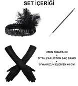 192039ler Gatsby Aksesuar Seti – Siyah Charleston Saç Bandı, Uzun Eldiven  Lık - 2