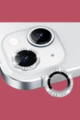 Apple İphone 14 Uyumlu Taşlı Kamera lensi koruyucu mercek lens Gümüş thumbnail 1
