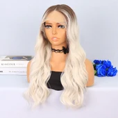 Koyu Kumral / Beyaz Platin Ombreli Su Dalgalı Tül Peruk thumbnail 3