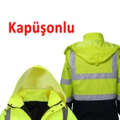 Cepli Reflektif Fosforlu Fermuarlı Kaban Kapüşonlu Parka Sarı Lacivert Kaban Su İtici İşçi Parkası - 3