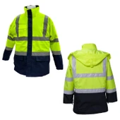 Cepli Reflektif XL Beden Fosforlu Fermuarlı Kaban Kapüşonlu Parka Sarı Lacivert Kaban İşçi Parkası - 2