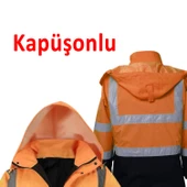 Cepli Reflektif S Beden Fosforlu Fermuarlı Kaban Kapüşonlu Parka Turuncu Lacivert Kaban İşçi Parkası - 4