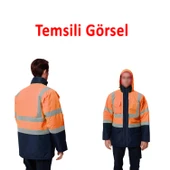 Cepli Reflektif M Beden Fosforlu Fermuarlı Kaban Kapüşonlu Parka Turuncu Lacivert Kaban İşçi Parkası thumbnail 3