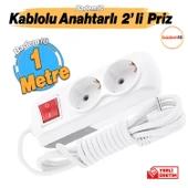 Grup Priz Fiş Çoğaltıcı 1 Metre Topraklı Anahtarlı Düğmeli Çoklu Kablolu 2'li Asmalı Uzatma thumbnail 1