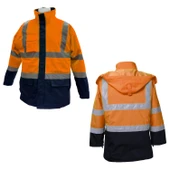 Cepli Reflektif M Beden Fosforlu Fermuarlı Kaban Kapüşonlu Parka Turuncu Lacivert Kaban İşçi Parkası thumbnail 2
