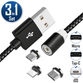 3'ü 1 Arada Manyetik Şarj Kablosu Seti iPhone iPad Samsung USB-C & Lightning 2.4A 100cm Siyah - 1