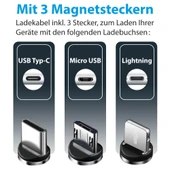 3'ü 1 Arada Manyetik Şarj Kablosu Seti iPhone iPad Samsung USB-C & Lightning 2.4A 100cm Siyah - 5