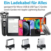 3'ü 1 Arada Manyetik Şarj Kablosu Seti iPhone iPad Samsung USB-C & Lightning 2.4A 100cm Siyah - 6